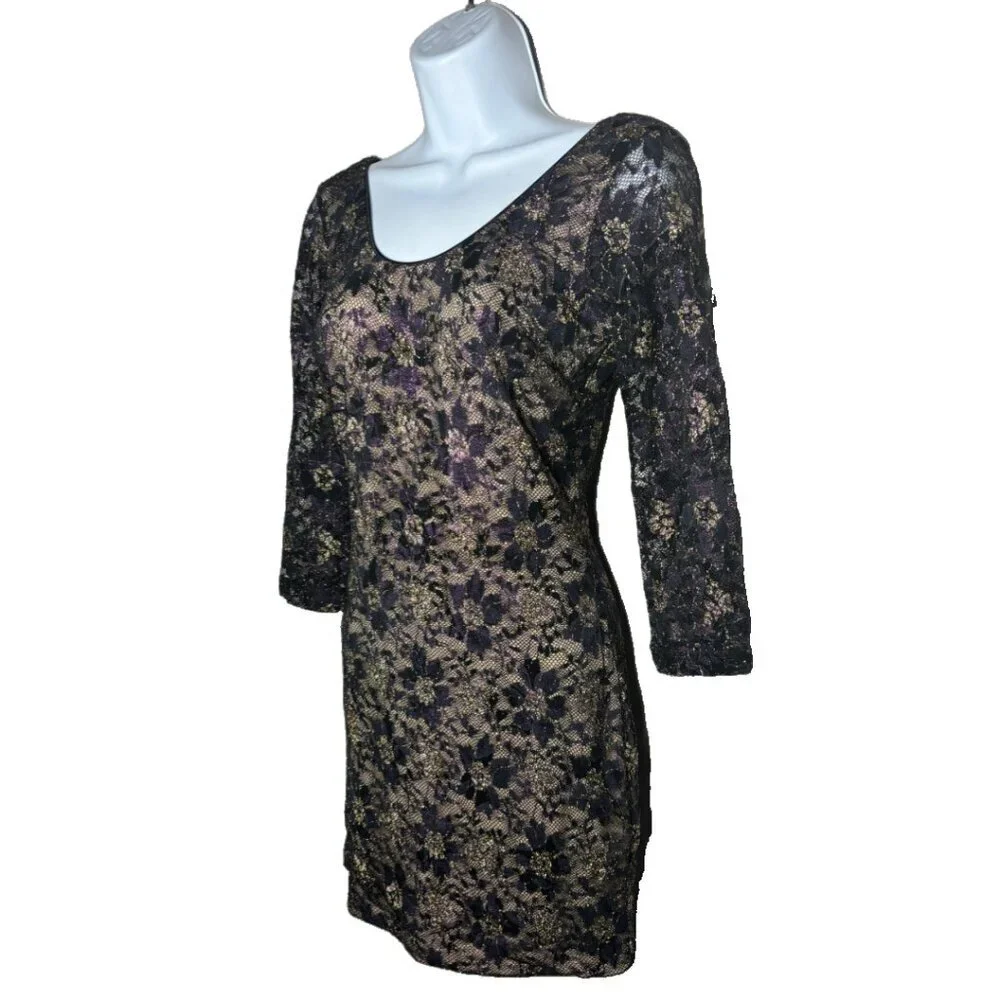 Dress The Population Sz M Purple/Gold Metallic Lace Cocktail Dress  (1554)